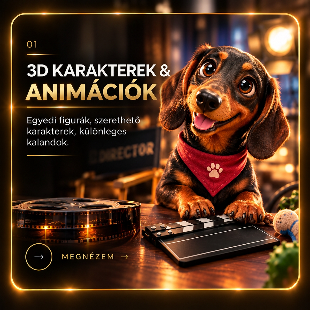 3D Karakterek & Animációk – arany keretes kártya 3D kutyával, filmszalaggal és klappertáblával, MEGNÉZEM gombbal
