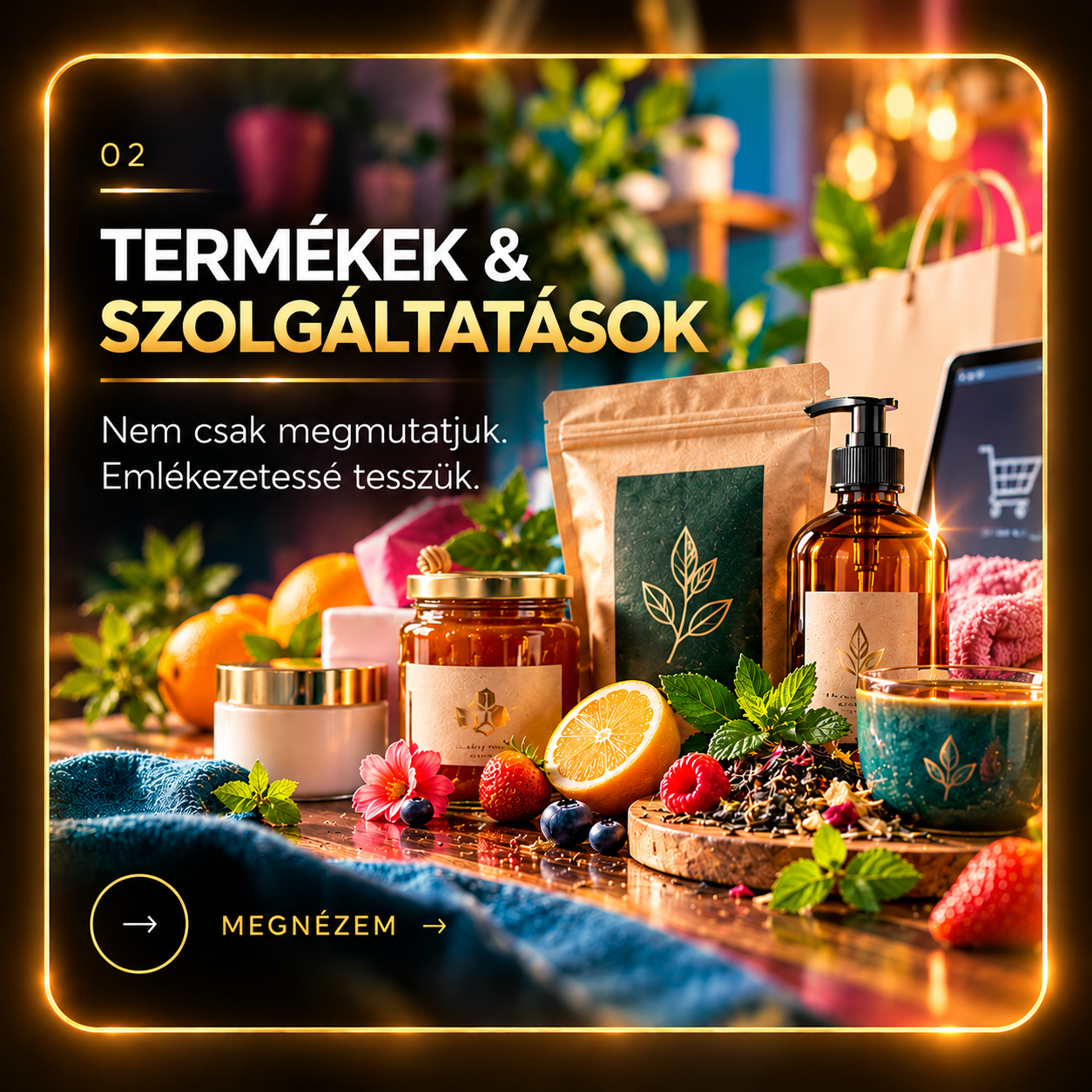 Termékek & Szolgáltatások – arany keretes kártya díszes termékes asztallal, MEGNÉZEM gombbal