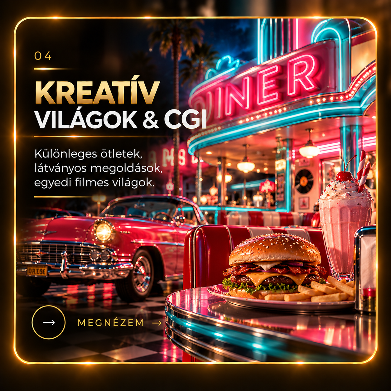 Kreatív világok & CGI – retró neon diner jelenet arany keretben